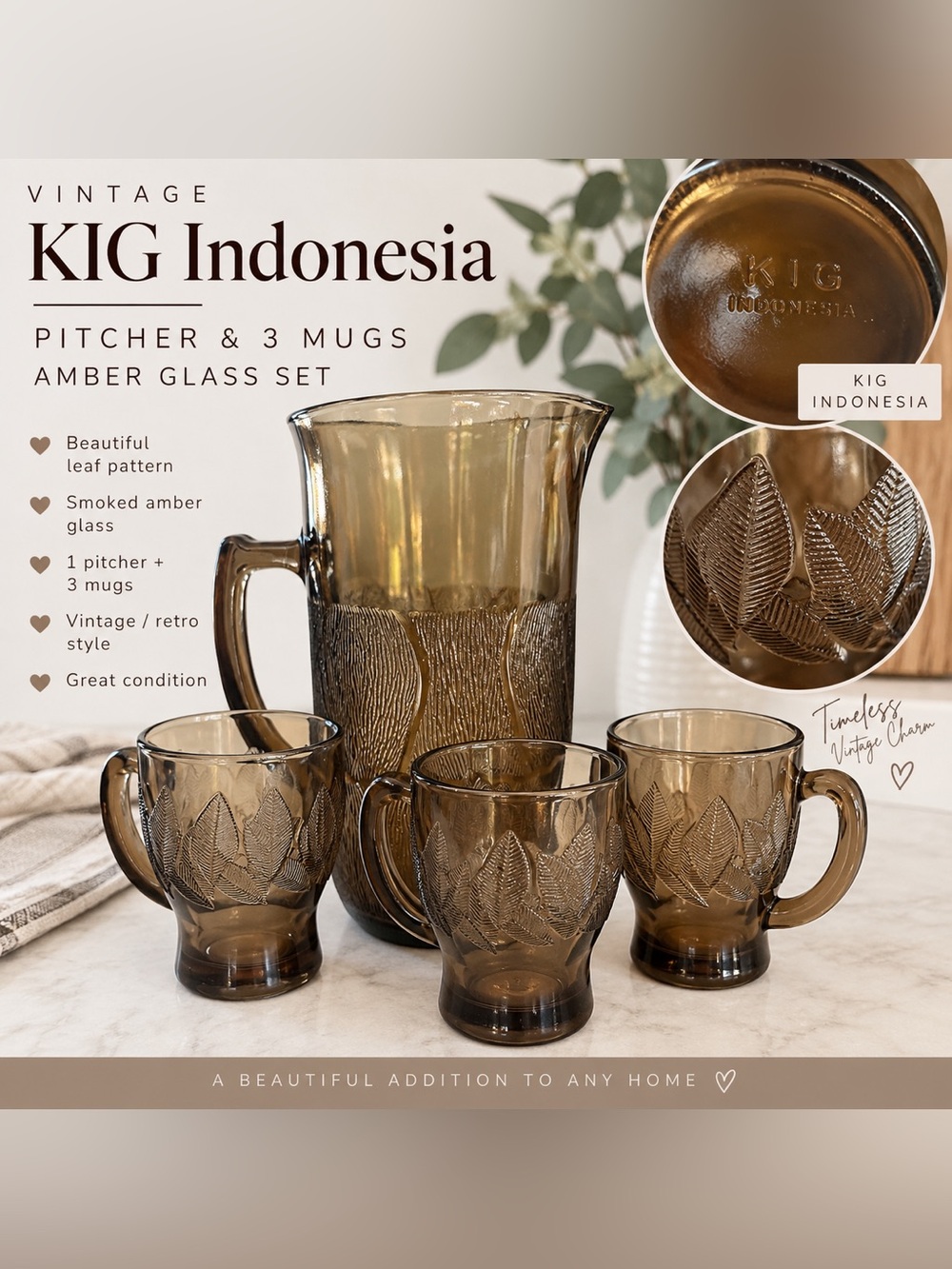 Vintage KIG Indonesia Amber Glass Pitcher & 3 Mugs – Leaf Pattern